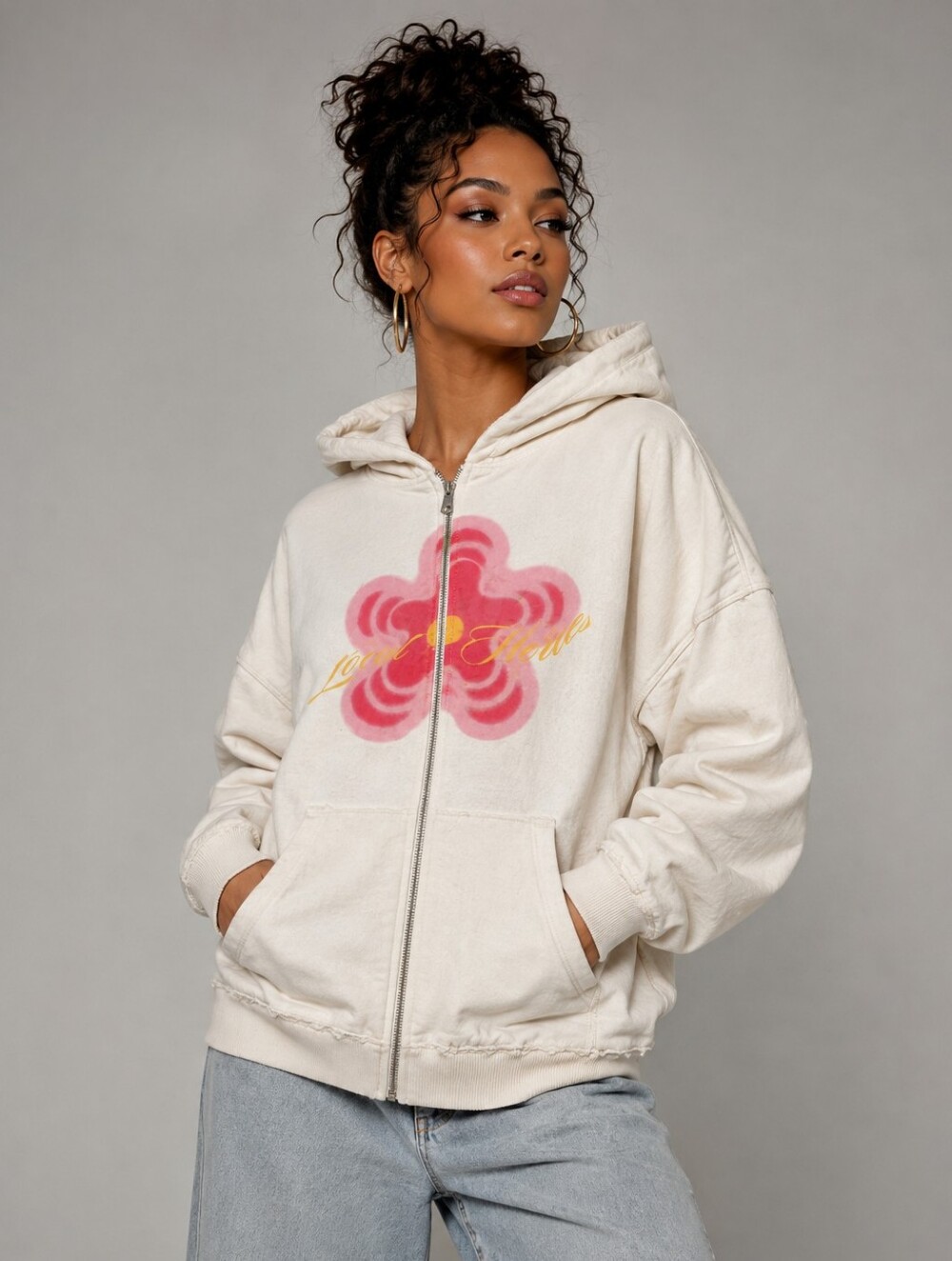 Local Heroes Women's 100% Cotton Cream Zip-Up Hoodie w/Pink Flower Power Design